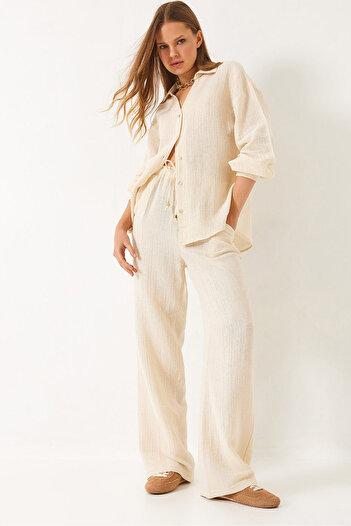 Bianco Lucci Women's Oversize Shirt Pocket Palazzo Gilded Muslin Bottom-Top Set 80152 60271078