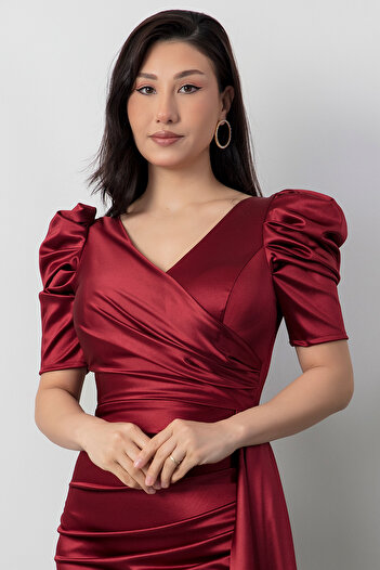 PULLIMM Double Breasted Collar Princess Sleeve Satin Evening Dress 39673