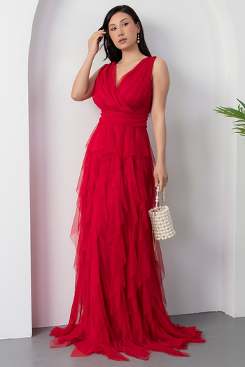 PULLIMM 13360 Double Breasted Ruffle Long Evening Dress