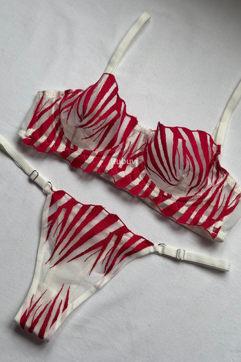Rubuvi Sword Women Underwire Ruched Tulle Brode Bralet Underwear Panties Bra Set Lingerie Set