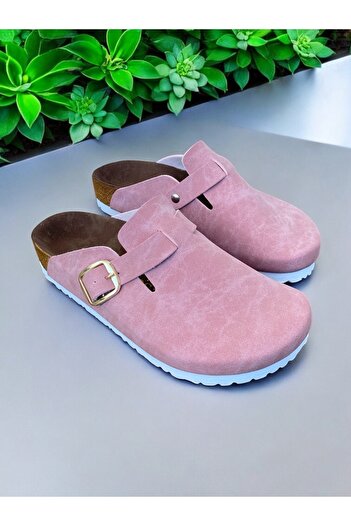 Dilesa Pink Women's Suede Comfortable Anatomical Sole Gold Buckle Indoor and Outdoor Slippers