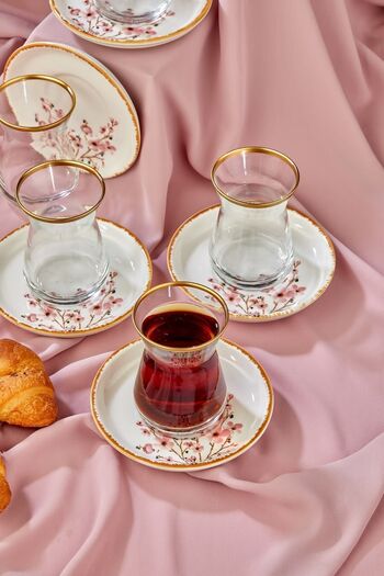 Babion Bahar Esintisi Sakura Desenli Seramik 12 Parça Gold Çay Bardağı Seti, Çay Takımı