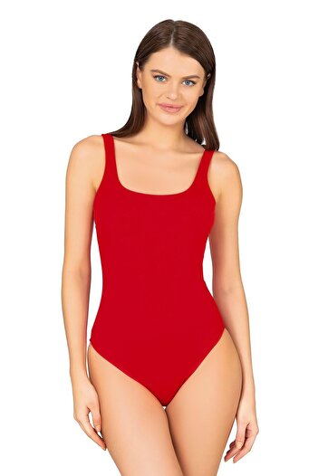 Endeep Women's Basic Square Neck Red Gatherer Swimming Suit