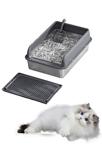 KidLe Stainless Steel Cat Litter Box Cat Litter Tray Metal Litter Pan Tray with High Wall Sides