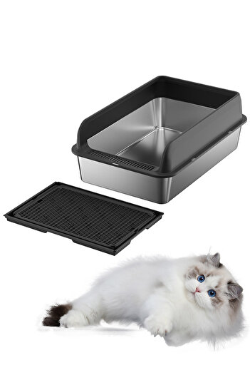 KidLe Stainless Steel Cat Litter Box Cat Litter Tray Metal Litter Pan Tray with High Wall Sides