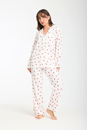 PEMBİŞ HOMEWEAR Set de pijamale cu guler de cămașă cu inimă roșie
