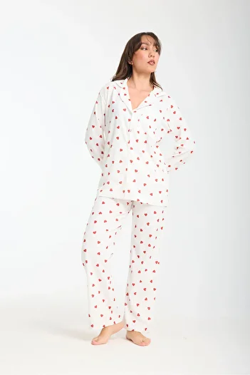 PEMBİŞ HOMEWEAR Set de pijamale cu guler de cămașă cu inimă roșie