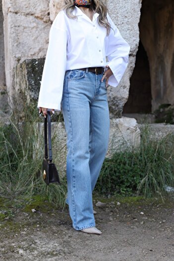 bytugcekaya Light Blue Snow Wash Wideleg Pants