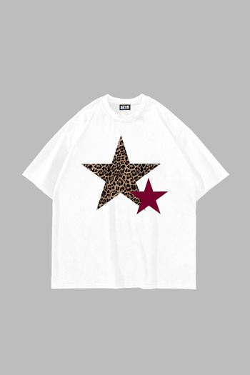 Sekizbiraltı Y2K Leopard Starz Printed Oversize Unisex White Tshirt