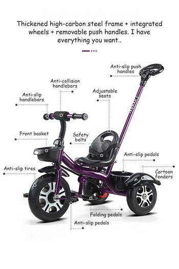 Ma Baby Tricycles for Kids, with Storage Basket, Adjustable Seat, Trike for 1-6 Years Boys and Girls