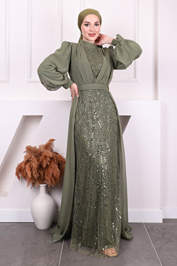 İmajButik Khaki Beaded Chiffon Evening Dress
