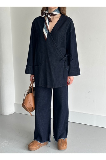 Laluvia Navy Blue Double Breasted Collar Blouse Trousers Denim Set - 8639