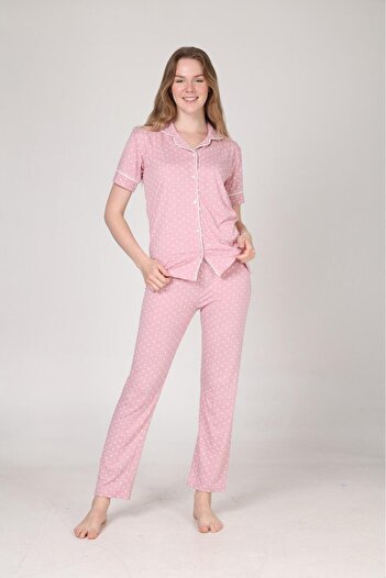 MEBA Kadın Önden Düğmeli Kısa Kol Yazlık Penye Pembe Puantiye Pijama Takımı
