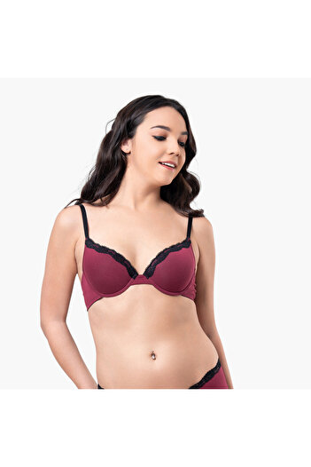 Aadaraya Aadaraya Lace Detail Plunge Bra with Hook and Eye Closure