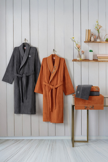 Cotton Box Dalila Cinnamon-Anthracite Folk Art Family Bathrobe Set