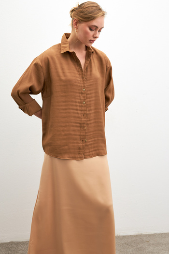 Bipantolon Women's Brown Soft Textured Oversize Modal Long Sleeve Shirt