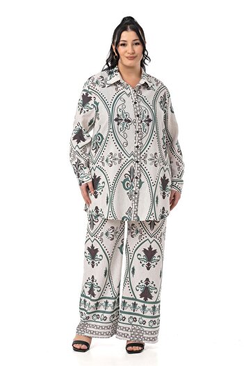 DISENTIS MODEST Large Size Printed Shirt Pants Emerald Green Two-Piece Suit