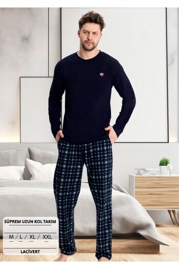 Erse Men's Buttonless Crew Neck 100% Cotton Seasonal Long Sleeve Pocket Pajama Set