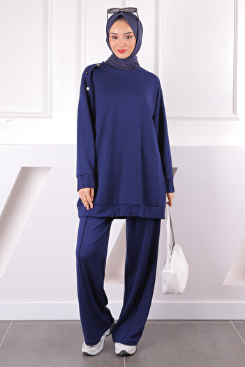 İmajButik Navy Blue Buttoned Tunic Trousers Modal Suit