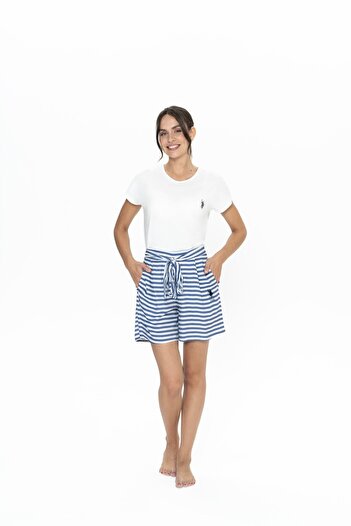 U.S. Polo Assn. 20034 Women's Ecru Short Sleeve Round Neck Belted Shorts Set