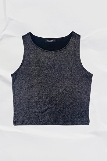 Seamoda Μεγάλο μέγεθος Glitter Printed Crop Camisole Lycra Singlet-ΜΑΥΡΟ