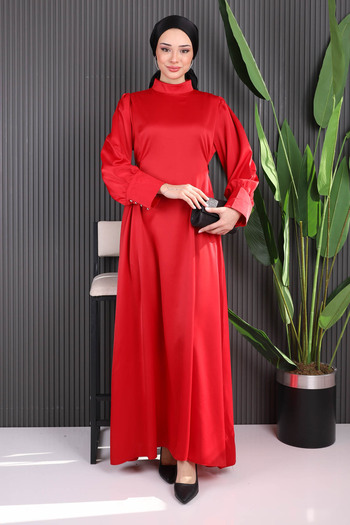 İmajButik Red Cuff Buttoned Waist Belted Satin Dress