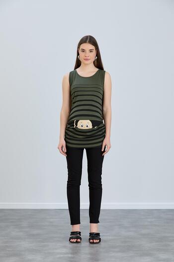 Işşıl IŞIL 4542-Maternity T-Shirt Strappy Sleeve Striped Facing Baby