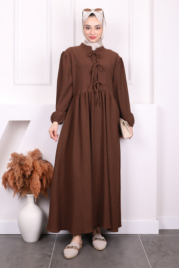 İmajButik Φόρεμα με καφέ μανίκι με ελαστικό γιακά με γραβάτα