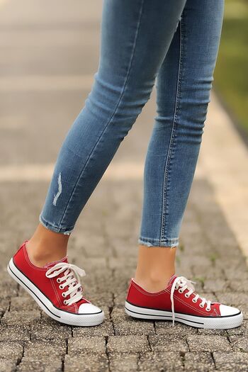 Pembe Potin Unisex Red Linen Convers Model Sneaker Linen Sports Shoes