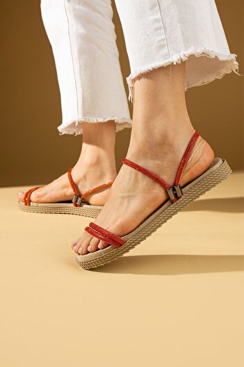Pembe Potin Orange Stoned Banded Comfortable Sole Stylish Women's Sandals and Slippers - Orange