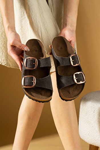 Pembe Potin Brown Brown Unisex Orthopedic Sole Slippers Double Banded Buckle Daily Comfortable Slippers