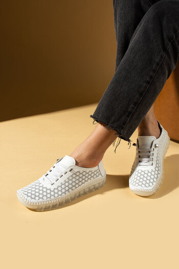 Pembe Potin White Laser Women's Orthopedic Genuine Leather Comfortable Comfort Sole Daily Casual Sports Shoes