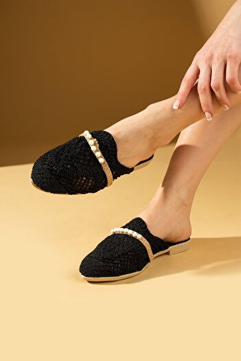 Pembe Potin Women's Black Lace Embroidered Pearl Buckle Home Slippers Comfortable Sole Outdoor Slippers