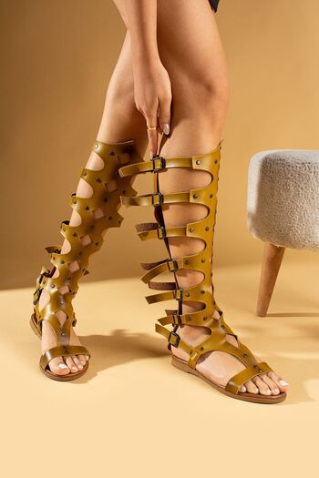 Pembe Potin Women's Mustard Comfortable Fit Handmade Gladiator Bodrum Sandals