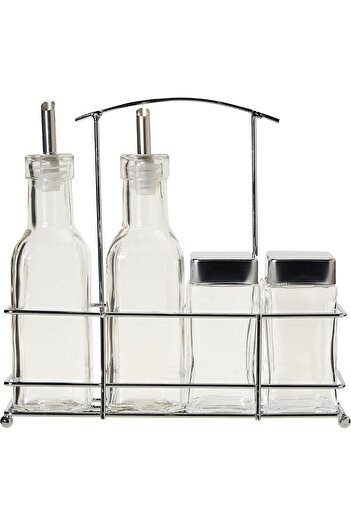 Harmony 2724623296265 83101 4 Pieces Salt Oil and Vinegar Bottle In Metal Rack Set, Clear