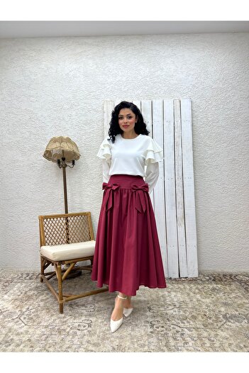 KÜÇÜĞÜM BUTİK Burgundy Bow Poplin Skirt