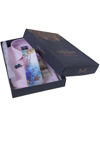 Exve Exclusive Pink Self-Striped Gift Boxed Double Cuff Shirt Cufflinks and Tie Set