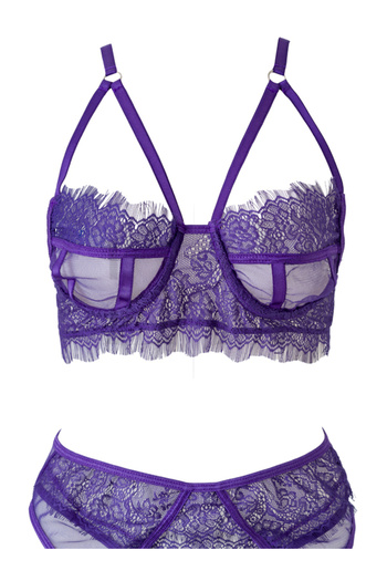 El Major Women's Purple Color Lace Stylish 4-Piece Garter Suit