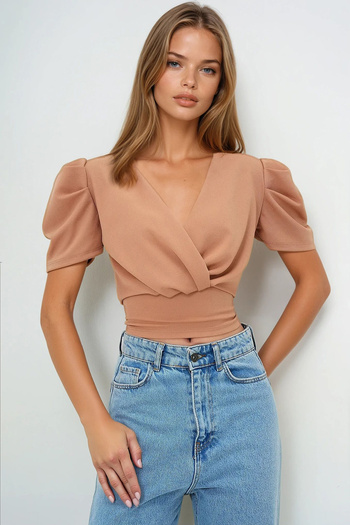 VAGGON Women's Double Breasted Collar Princess Sleeve Knitted Crepe Blouse Prmx13520