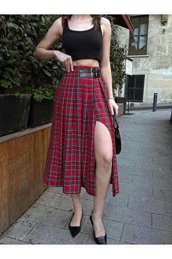 FERZOLAİO Plaid Red Skirt with Belt Detail