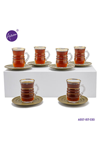 ARTIVIRA AS57-Tea set consisting of 6 clear glass tea cups and 6 saucers made of ceramic with distinctive modern engravings