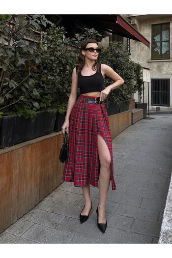 FERZOLAİO Plaid Red Skirt with Belt Detail