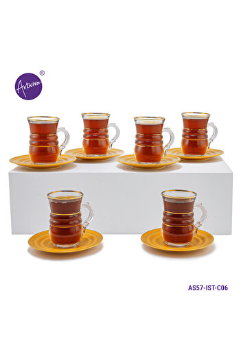 ARTIVIRA AS57-Tea set consisting of 6 clear glass tea cups and 6 saucers made of ceramic with distinctive modern engravings