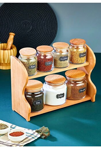 Pembelia Life Set of 7 Glass Spice Jars with Bamboo Stand Spice Jar Set Spice Storage Container