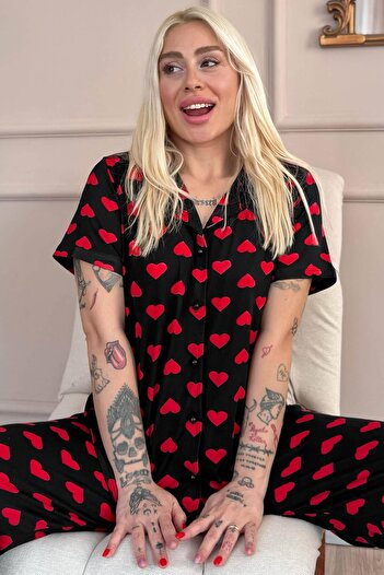 Pijamaevi Black Royal Hearts Patterned Bamboo Front Buttoned Short Sleeve Pajama Set