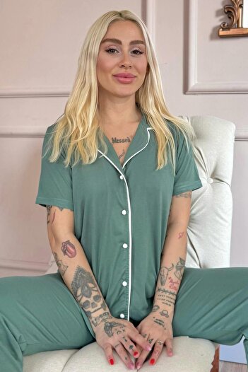 Pijamaevi Green Sofistic Front Buttoned Short Sleeve Women's Pajama Set