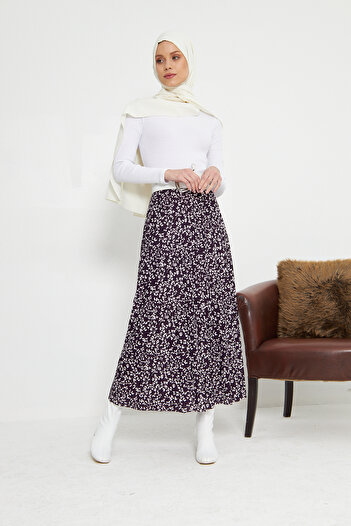 RTBUTİK Floral Patterned Hijab Pleated Skirt, Long Skirt, Hijab Skirt, Mother Gift, Lover Gift