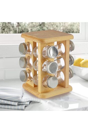 Billi GW-008/12AL Spice Rack – 12 Glass Bottles with Aluminum Lids & Rotating Wooden Stand, Multi.