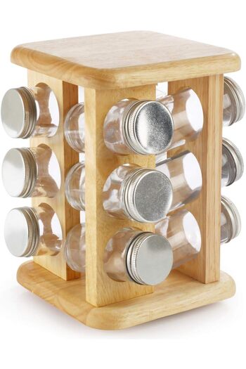 Billi GW-008/12AL Spice Rack – 12 Glass Bottles with Aluminum Lids & Rotating Wooden Stand, Multi.
