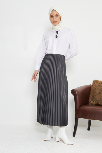RTBUTİK Smoked Leather Look Pleated Hijab Skirt, Hijab Skirt, Women's Gift Skirt, Stylish Skirt, Long Skirt